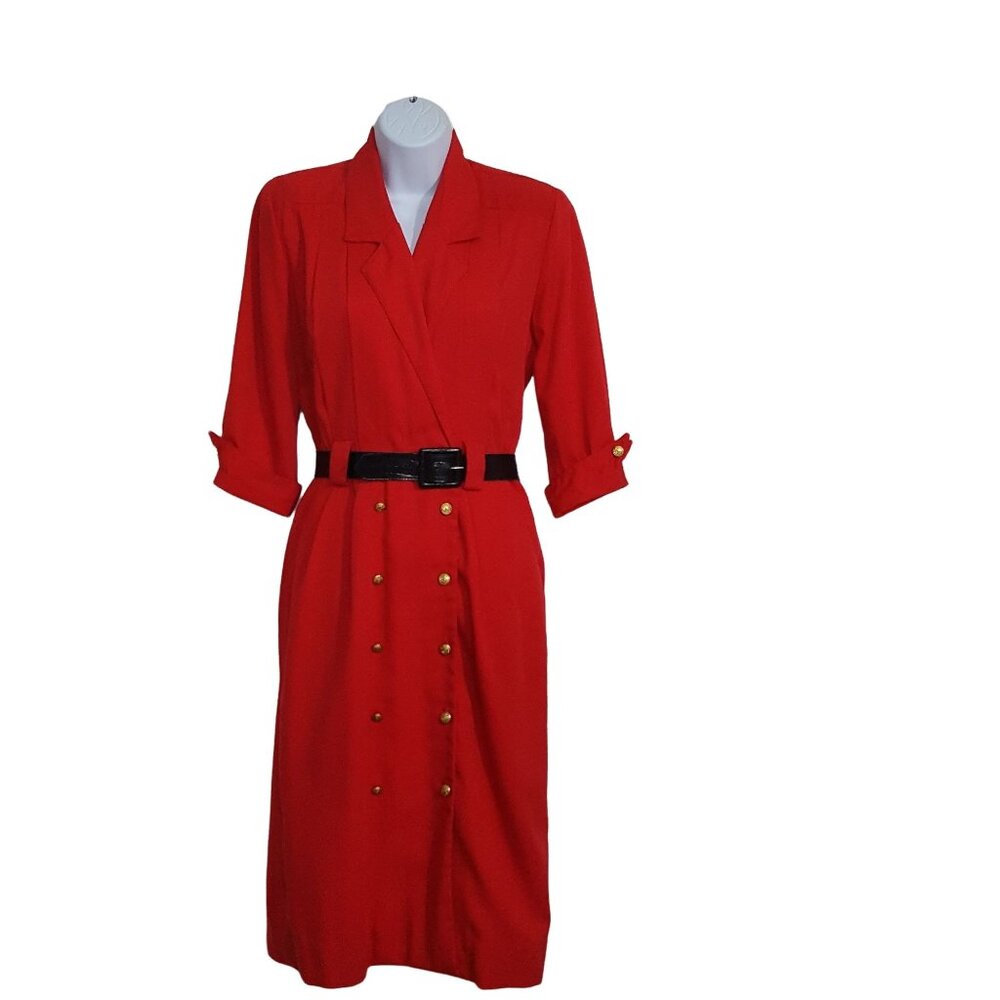 Studio One Womens‎ Dress 8P Vintage 80s Red Decorative Metal Buttons Cuff Sleeve